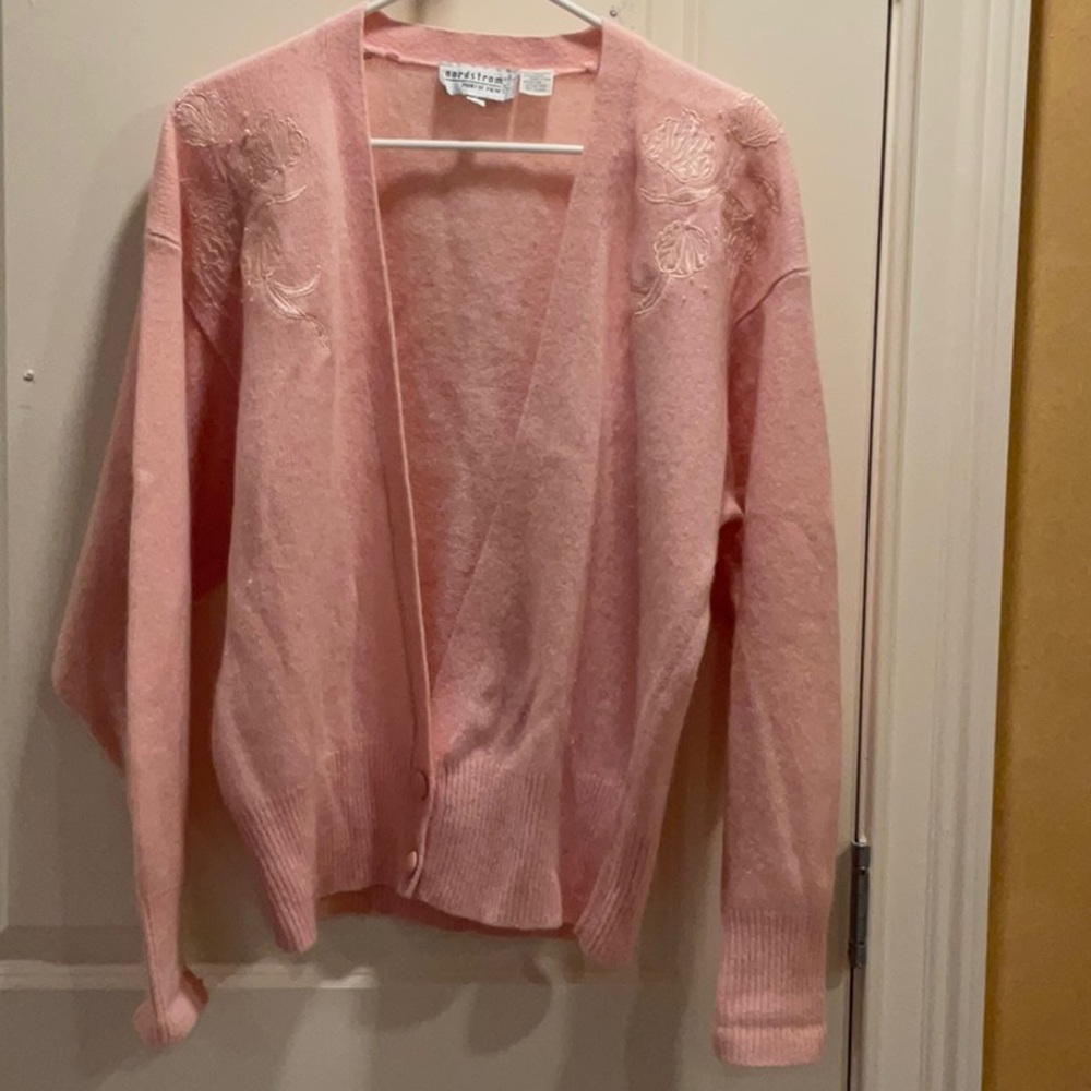 Nordstrom Point of View Pink wool angora cardigan sweater. Size M